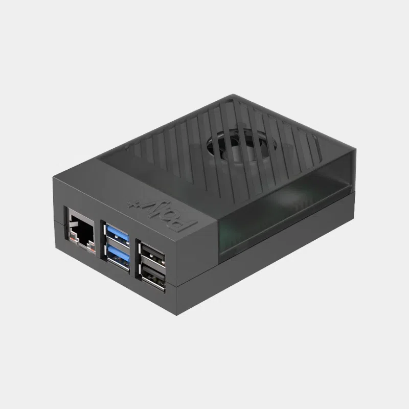 Boîtier Argon Poly+ pour Raspberry Pi 5 vu de face avec port Ethernet et ports USB