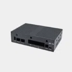 Boîtier métallique noir pour BPI-R4 vu de face avec ports et logo BPI-R4