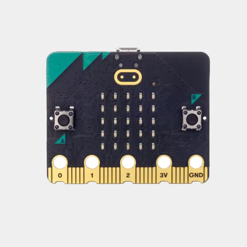 Carte Micro:bit BBC V2 vue de face avec grille de LED, boutons A et B et connecteurs de bord