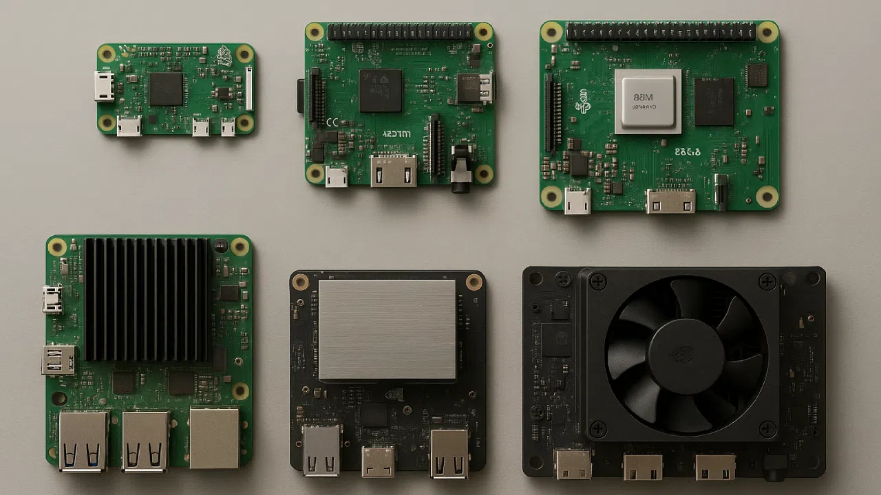 Comparatif de cartes Raspberry Pi et modules NVIDIA Jetson avec dissipateurs, vue de dessus