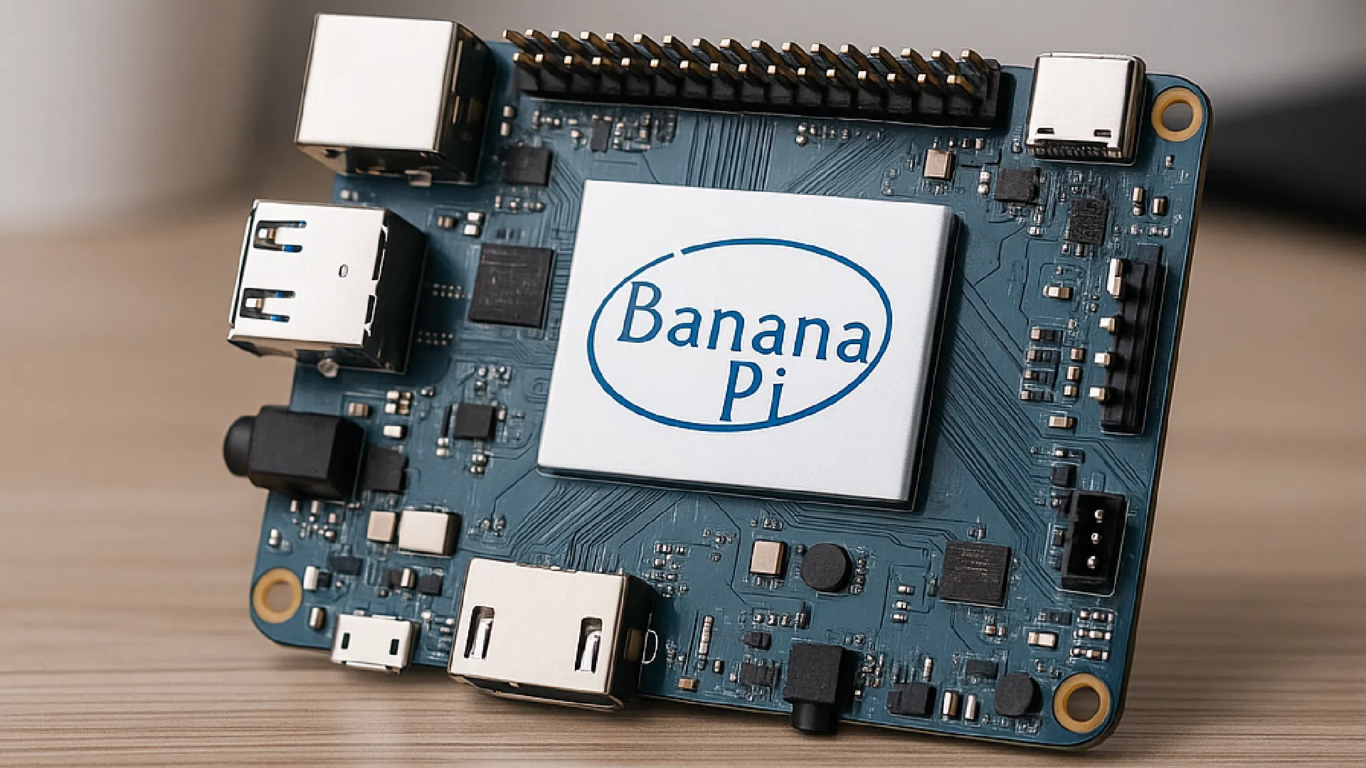 Carte Banana Pi bleue avec logo Banana Pi, posée sur un bureau en bois