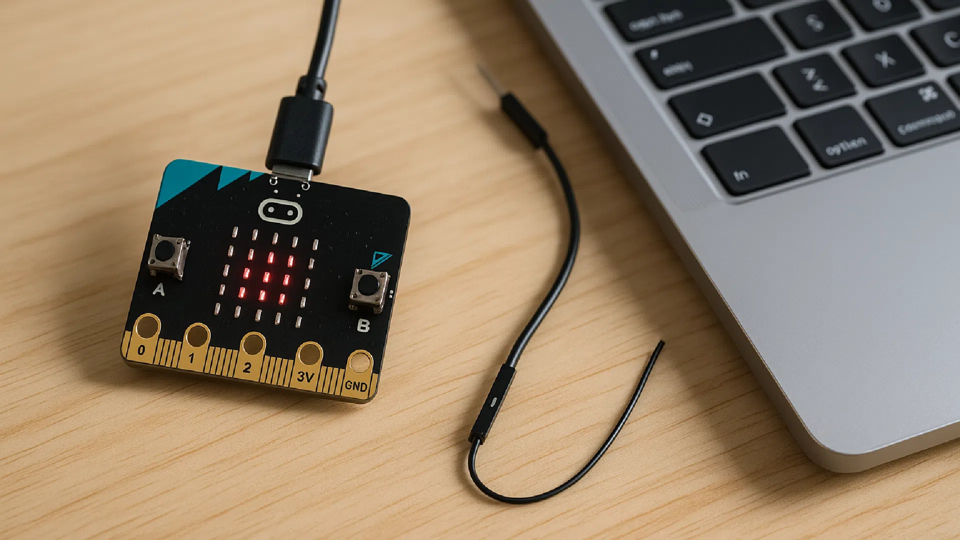 Carte micro:bit connectée à un ordinateur portable, matrice de LED allumée