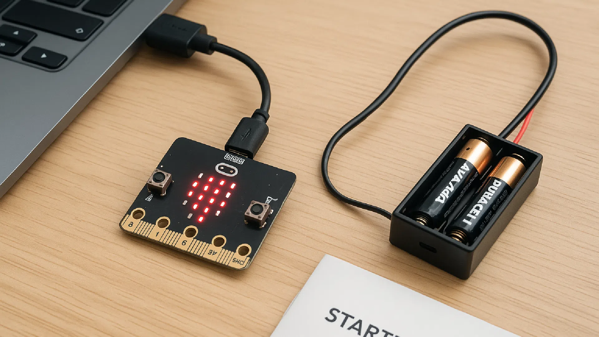 Carte micro:bit reliée à un ordinateur portable, avec boîtier de piles à proximité