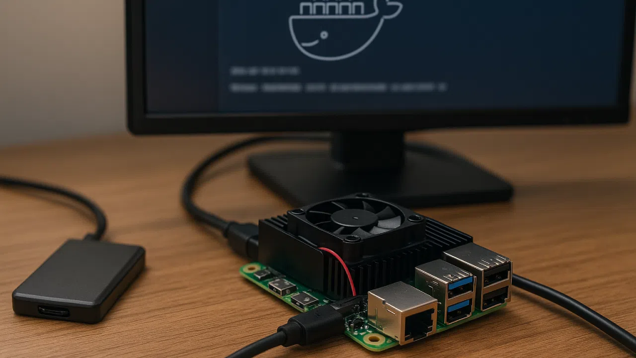 Raspberry Pi avec ventirad connecté à un écran affichant le logo Docker au démarrage