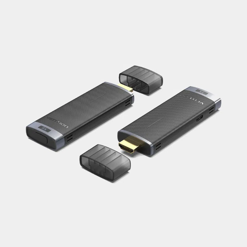 Émetteur et récepteur HDMI sans fil, deux boîtiers noirs avec capuchon et connecteur doré