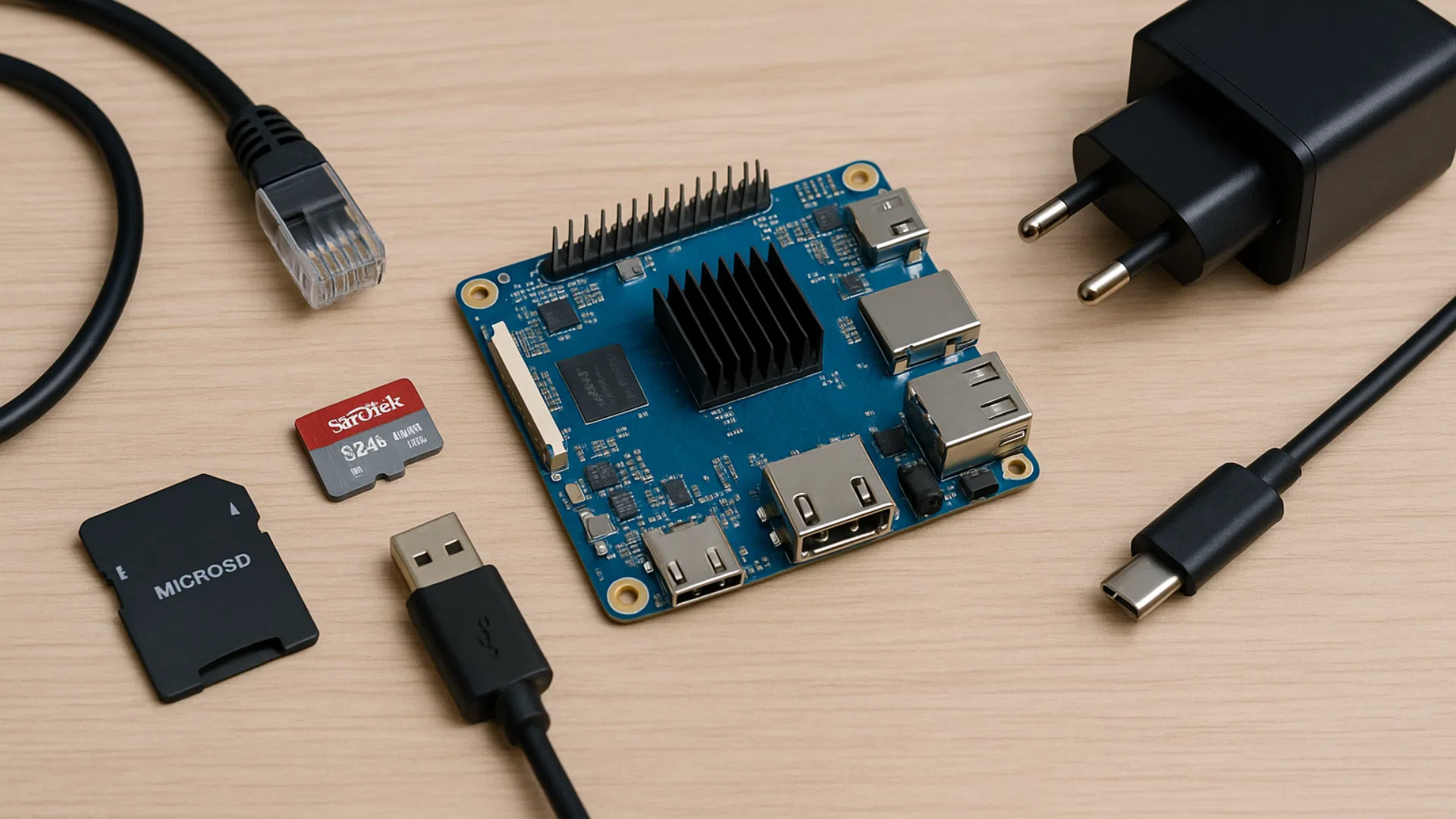 Carte Banana Pi avec câble Ethernet, carte microSD et bloc d'alimentation sur table en bois