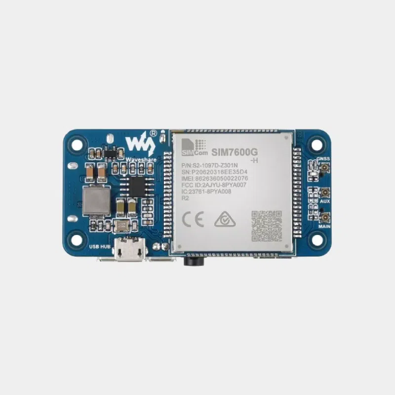 Waveshare SIM7600G-H 4G HAT (B), top view with SIMCom SIM7600G-H module and MAIN, AUX, GNSS antenna connectors