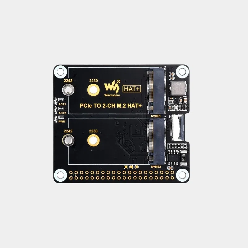 HAT+ PCIe vers double M.2 pour Raspberry Pi 5 vu de face avec ses deux emplacements M.2