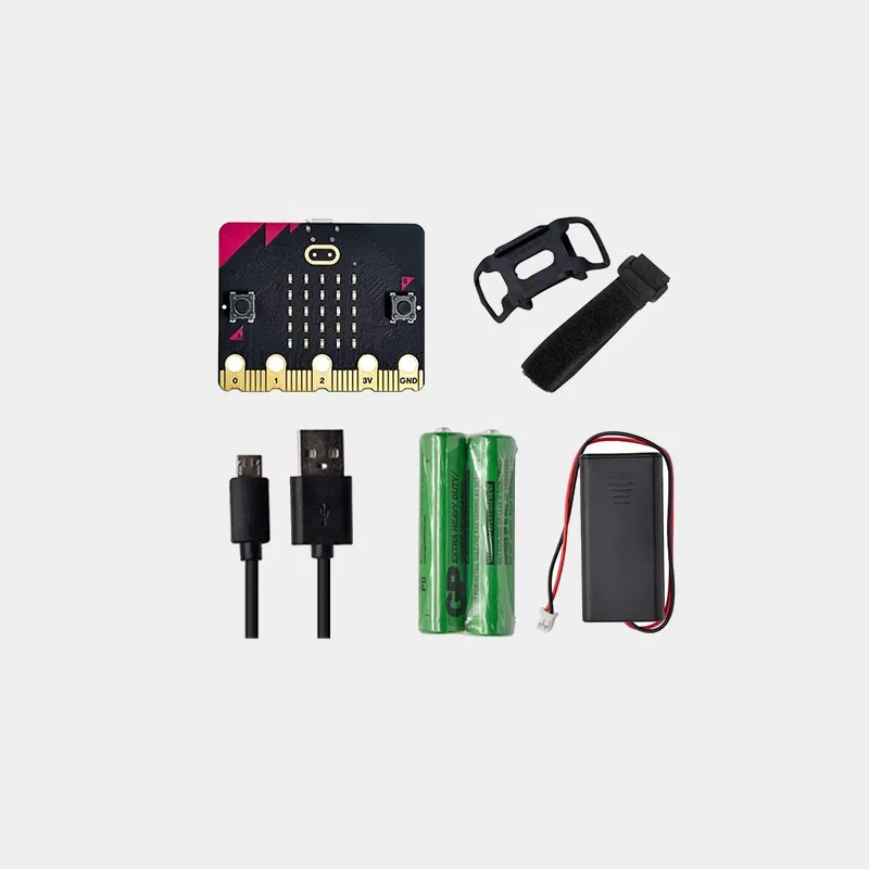 Kit Micro:BIT V2.21 NEXT GEN présenté avec carte, câble USB, piles et dragonne poignet