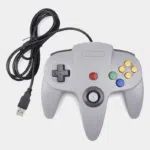 Manette N64 USB grise vue de face avec câble USB et boutons colorés