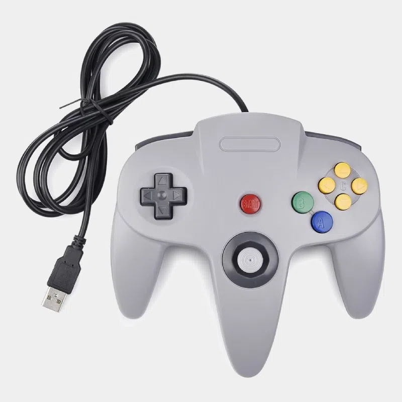 Manette N64 USB grise vue de face avec câble USB et boutons colorés