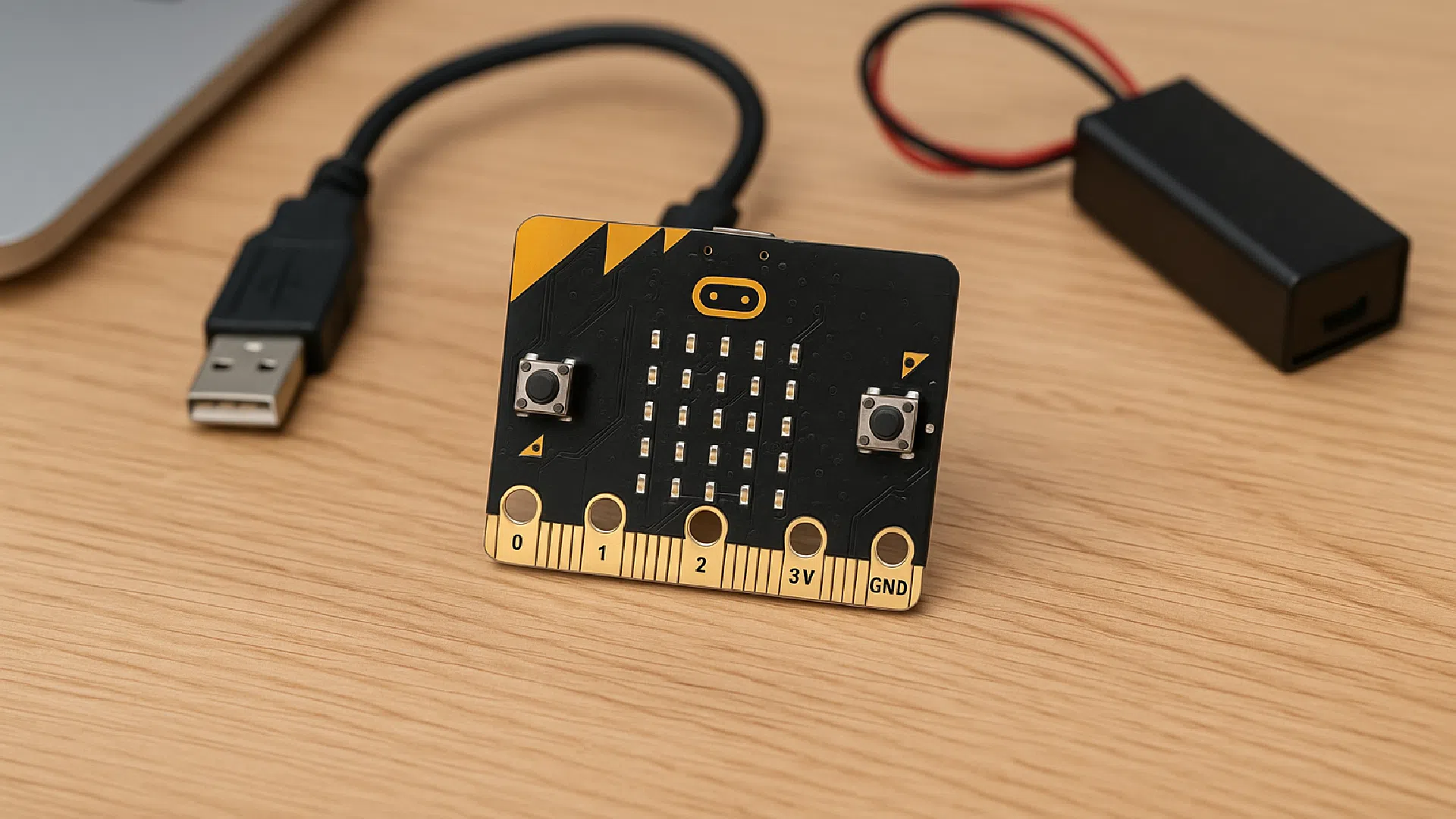 Carte micro:bit noire reliée par câble USB, posée sur un bureau en bois
