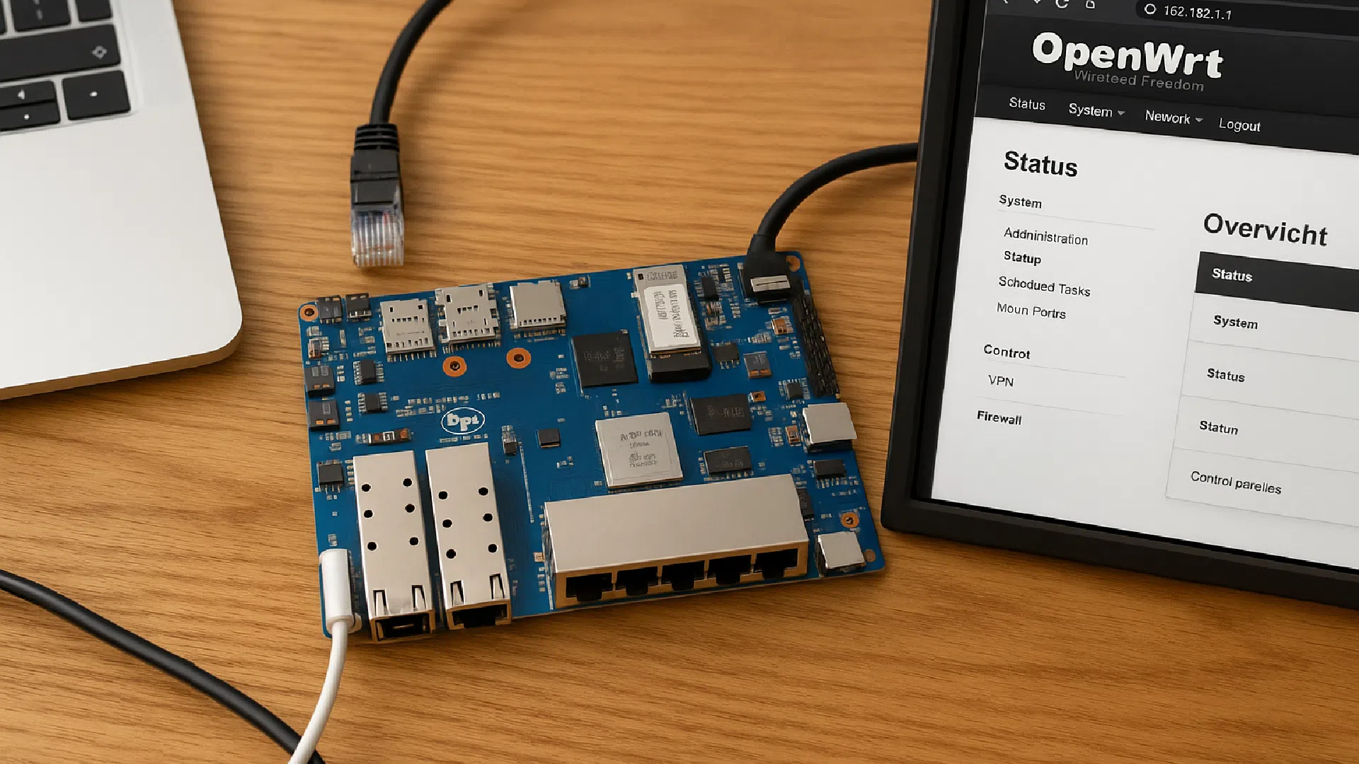Carte Banana Pi BPI-R4 connectée par câbles avec interface OpenWrt affichée sur tablette