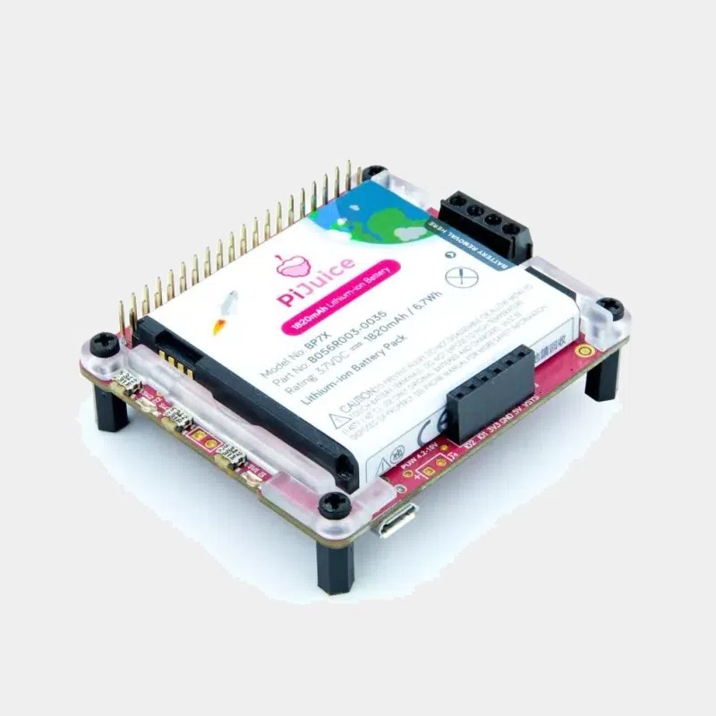 PiJuice HAT pour Raspberry Pi vu de profil avec étiquette PiJuice et connecteur GPIO