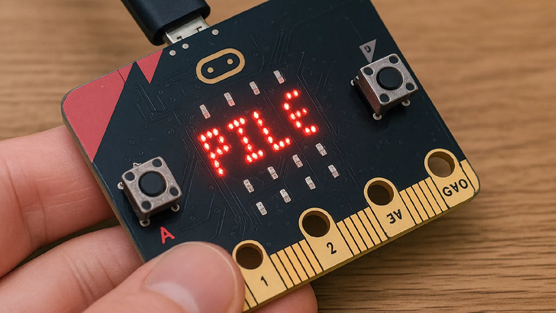 Carte micro:bit tenue en main affichant le mot FILE sur sa matrice de LED