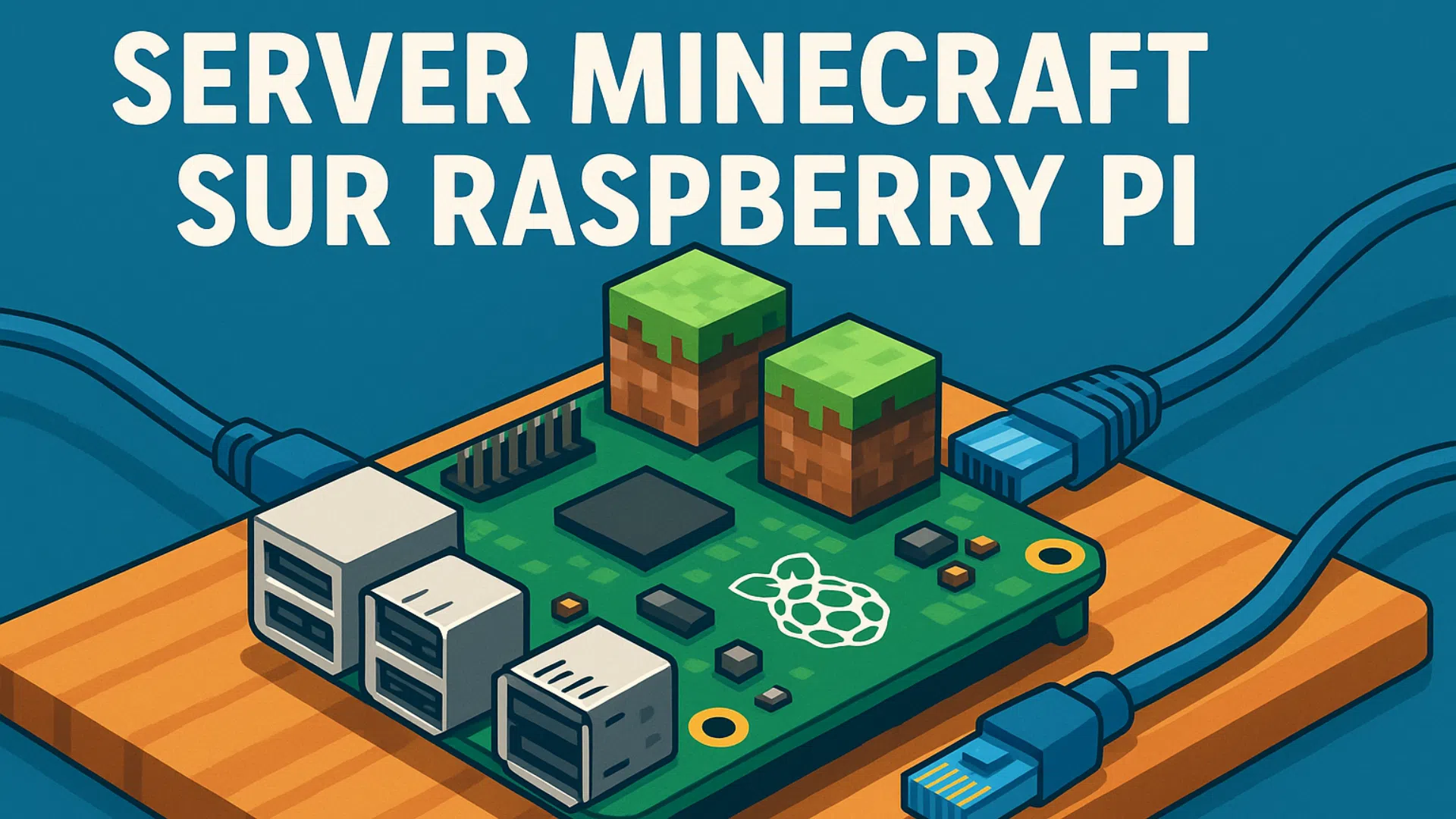 Bannière avec carte Raspberry Pi et blocs Minecraft, titre Serveur Minecraft sur Raspberry Pi