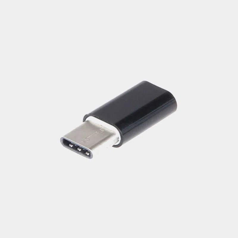 Adaptateur noir micro-USB femelle vers USB-C mâle, vu de trois quarts