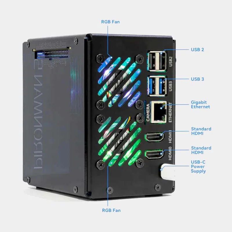 Boîtier PIRONMAN 5 MAX vu de dos avec ports USB, HDMI, Ethernet et alimentation USB-C annotés