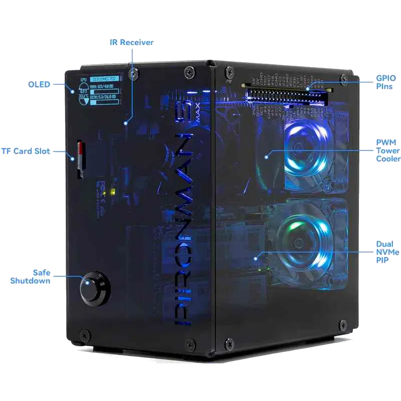 Boîtier PIRONMAN 5 MAX noir avec ventilateurs RGB bleus, étiquettes des fonctions annotées