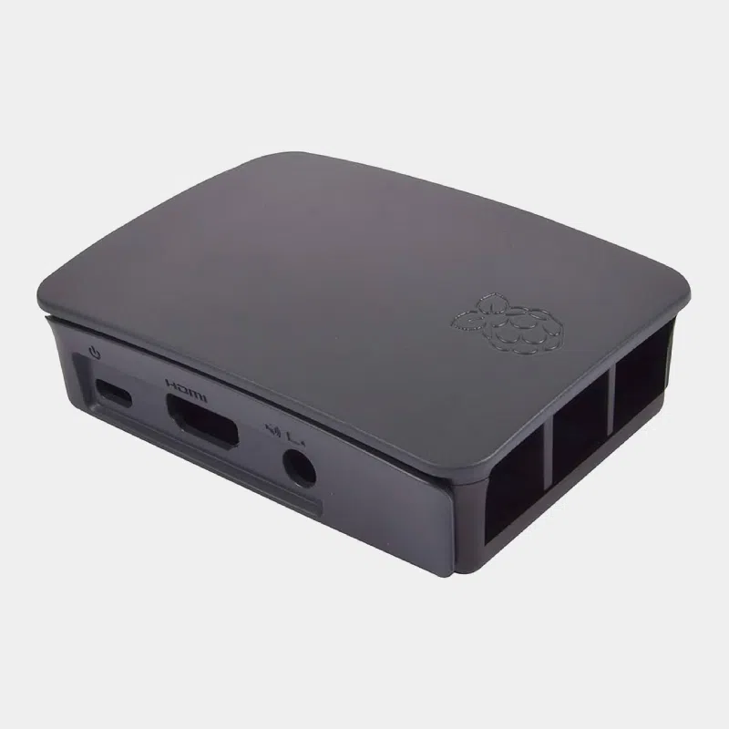 Boîtier officiel noir pour Raspberry Pi 3B+, vu de dessus avec logo framboise gravé