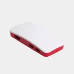 Boîtier officiel Raspberry Pi Zero rouge et blanc assemblé, vu de biais