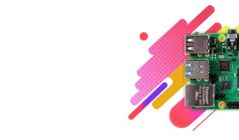 Carte Raspberry Pi 4 verte vue de dessus, ports USB et Ethernet visibles, fond coloré