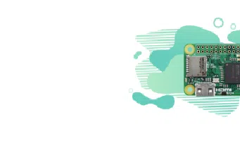 Carte Raspberry Pi Zero verte vue de dessus, port HDMI mini visible, fond blanc et vert
