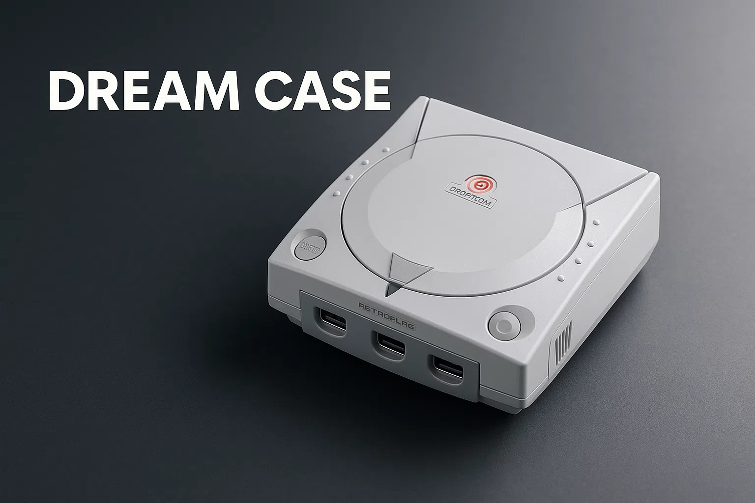 Boîtier rétro gris en forme de console Dreamcast avec texte Dream Case, fond sombre