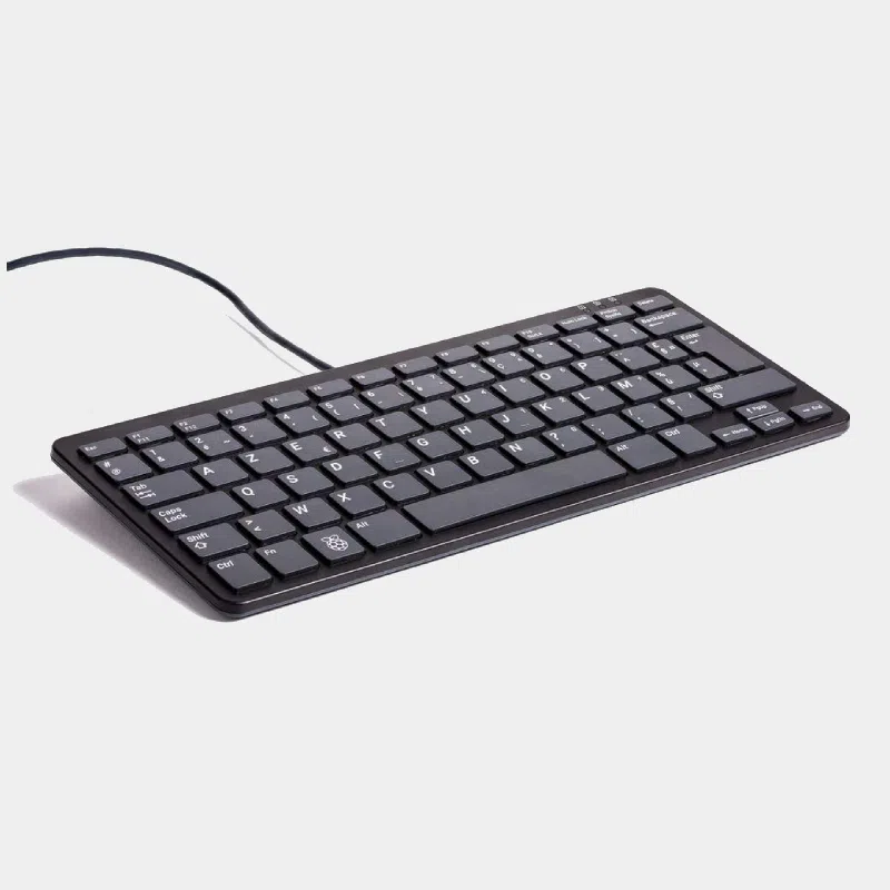 Clavier officiel Raspberry Pi azerty noir et gris vu de biais avec câble noir