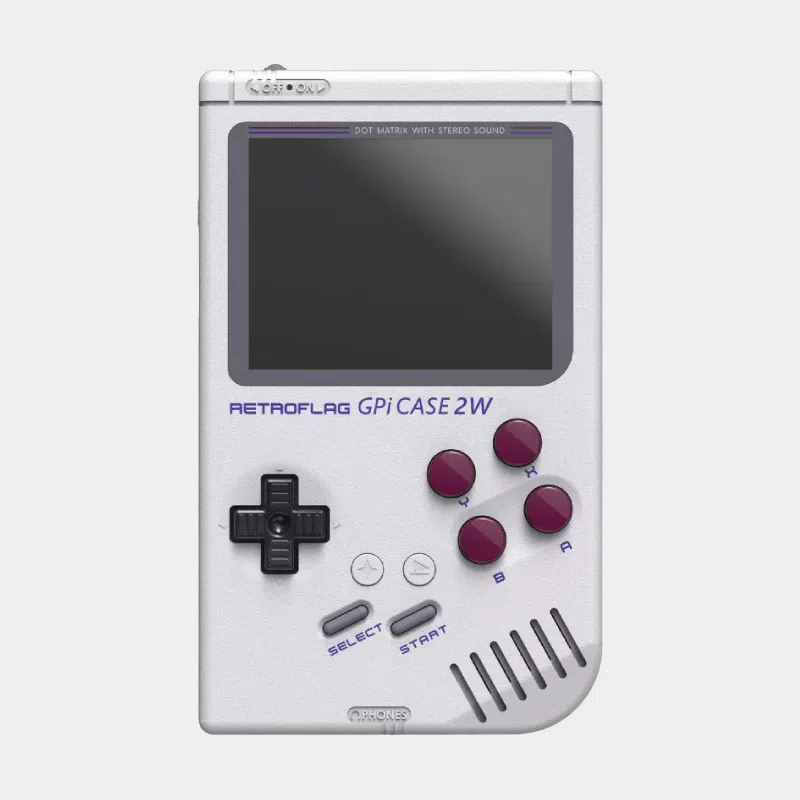Console Retroflag GPi Case 2W grise vue de face avec croix directionnelle et boutons violets