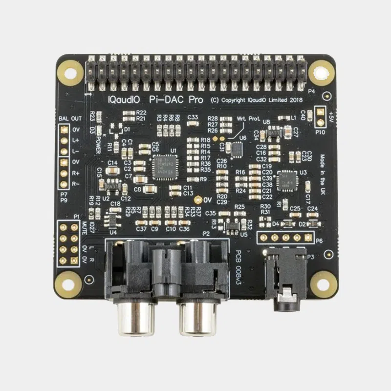 Carte DAC Audio IQaudio Pi-DAC Pro vue de dessus avec sorties RCA et jack 3,5 mm