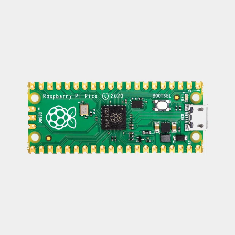 Carte Raspberry Pi Pico sans connecteurs, vue de dessus avec bouton BOOTSEL et port micro USB