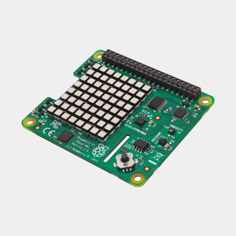 HAT Sense Raspberry Pi vu de dessus avec matrice de LED 8x8 et connecteur GPIO doré
