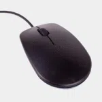 Souris filaire officielle Raspberry Pi noire vue de biais avec câble noir