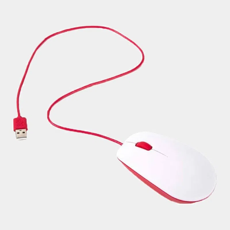Souris filaire officielle Raspberry Pi blanche et rouge avec câble rouge enroulé