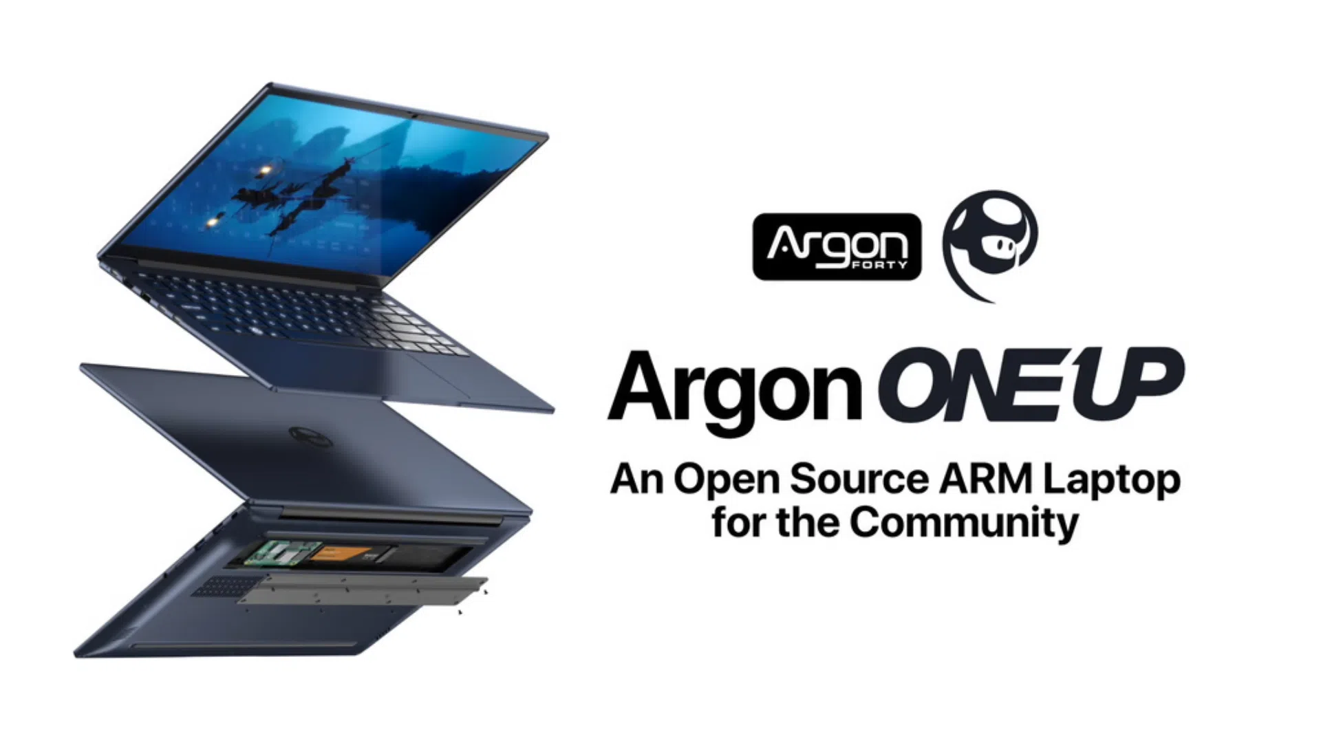 Bannière Argon One Up, ordinateur portable ARM open source, vue éclatée avec clavier