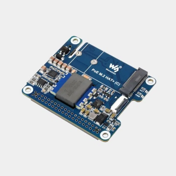 Adaptateur PCIe vers M.2 avec PoE Waveshare, carte bleue vue de trois quarts