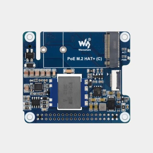 Adaptateur PCIe vers M.2 avec PoE Waveshare, carte bleue vue de dessus avec connecteur GPIO
