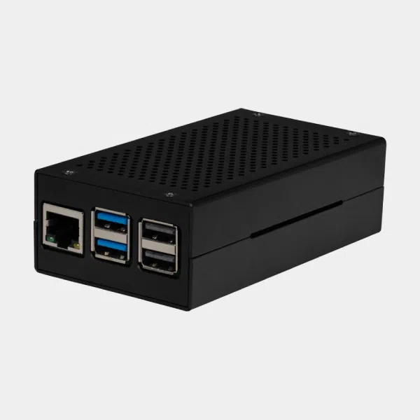 Boîtier M.2 HAT+ pour Raspberry Pi 5 noir vu de face avec port Ethernet et trois ports USB