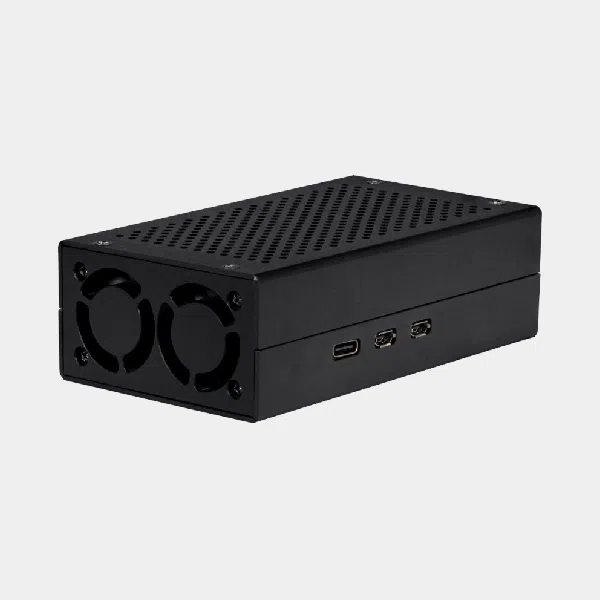 Boîtier M.2 HAT+ pour Raspberry Pi 5 noir avec deux ventilateurs et ports en façade