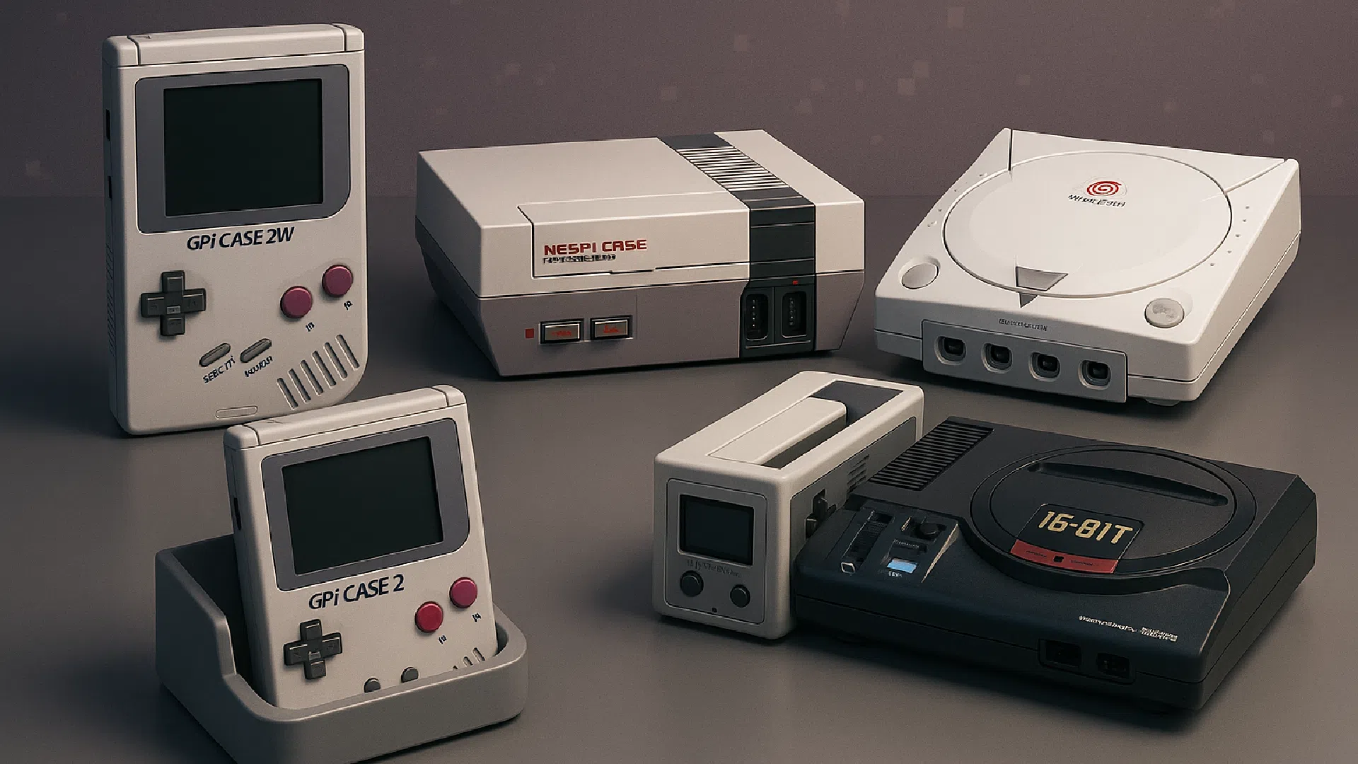 Cinq boîtiers rétro façon Retroflag, consoles portables et boîtiers façon Dreamcast et Mega Drive