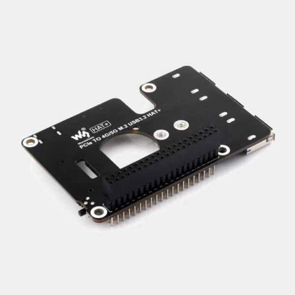 Carte d'extension PCIe vers M.2 4G/5G et USB 3.2 Waveshare, vue de trois quarts avec connecteur GPIO