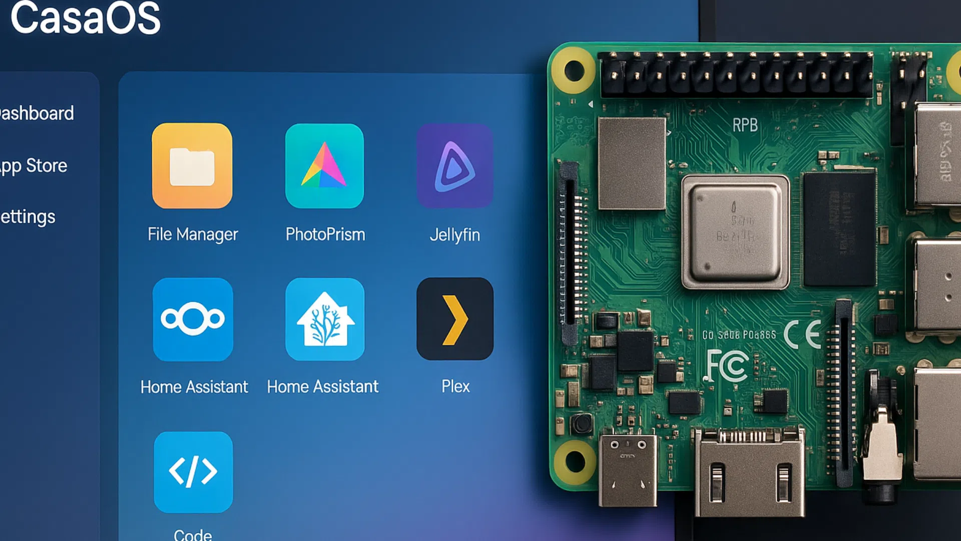 Interface CasaOS avec icônes File Manager, PhotoPrism, Home Assistant à côté d'une carte Raspberry Pi 5