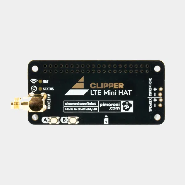 Clipper HAT Mini LTE vu de face avec antenne, voyants NET et STATUS et boutons A B