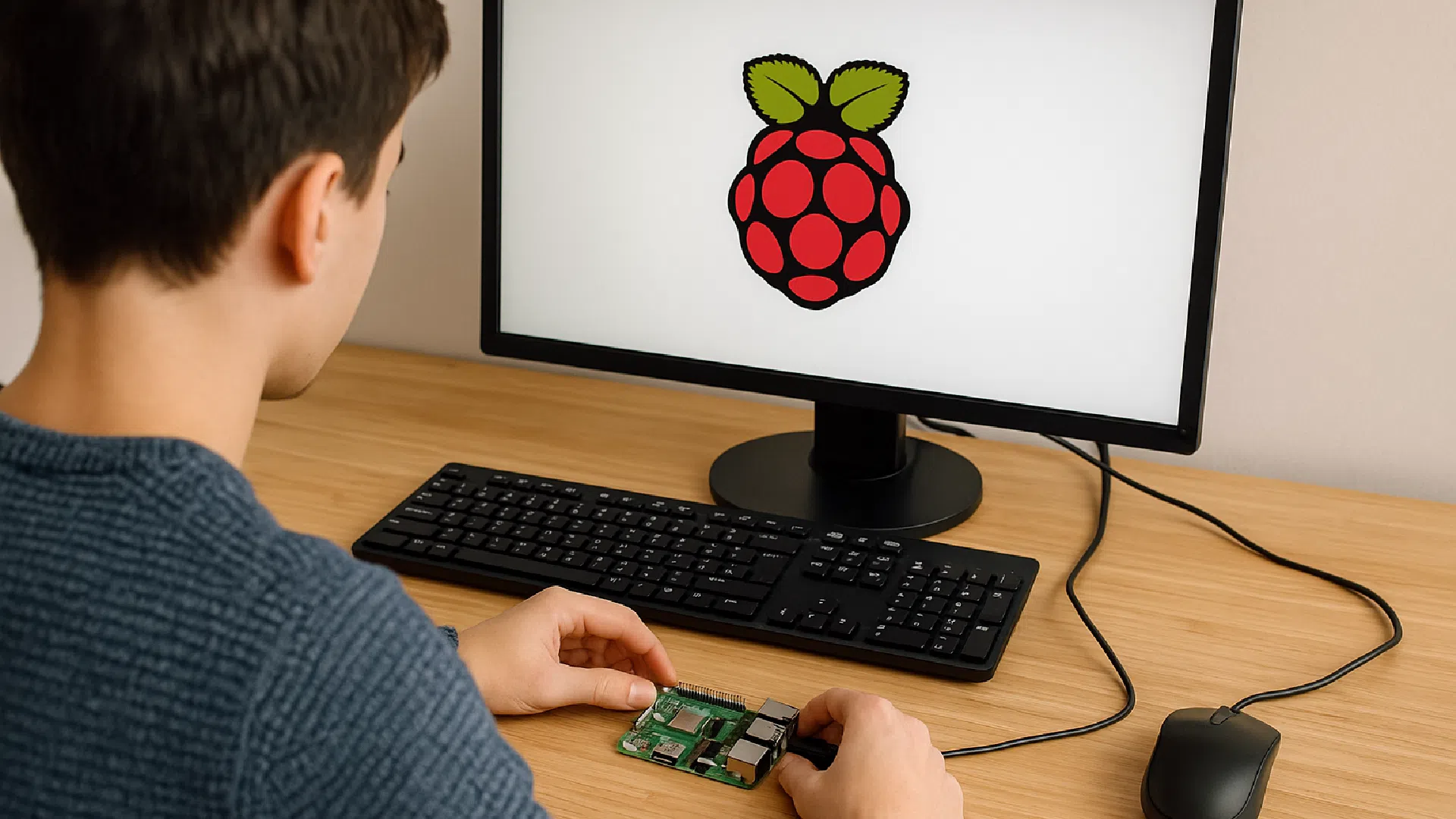 Personne tenant une carte Raspberry Pi devant un écran affichant le logo framboise