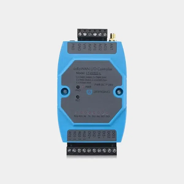 Contrôleur d'entrées et sorties LoRaWAN Dragino LT-22222-L bleu, vu de face avec ses borniers