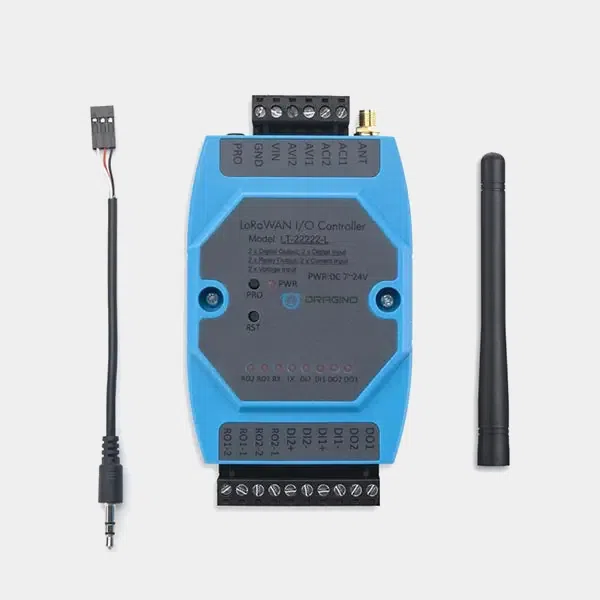Contrôleur d'entrées et sorties LoRaWAN Dragino LT-22222-L bleu avec antenne et câble jack