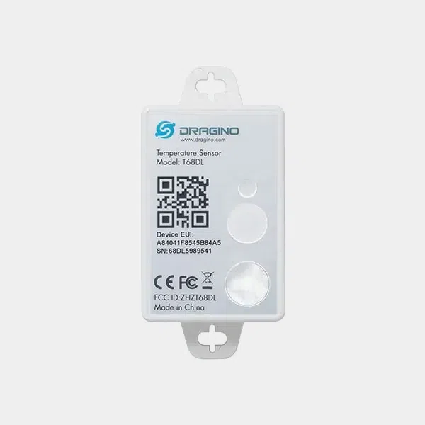 Capteur de température étanche Dragino T68DL sous blister avec son étiquette et QR code