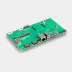 IO Board pour Raspberry Pi Compute Module 5, carte verte vue de trois quarts avec ports Ethernet et USB