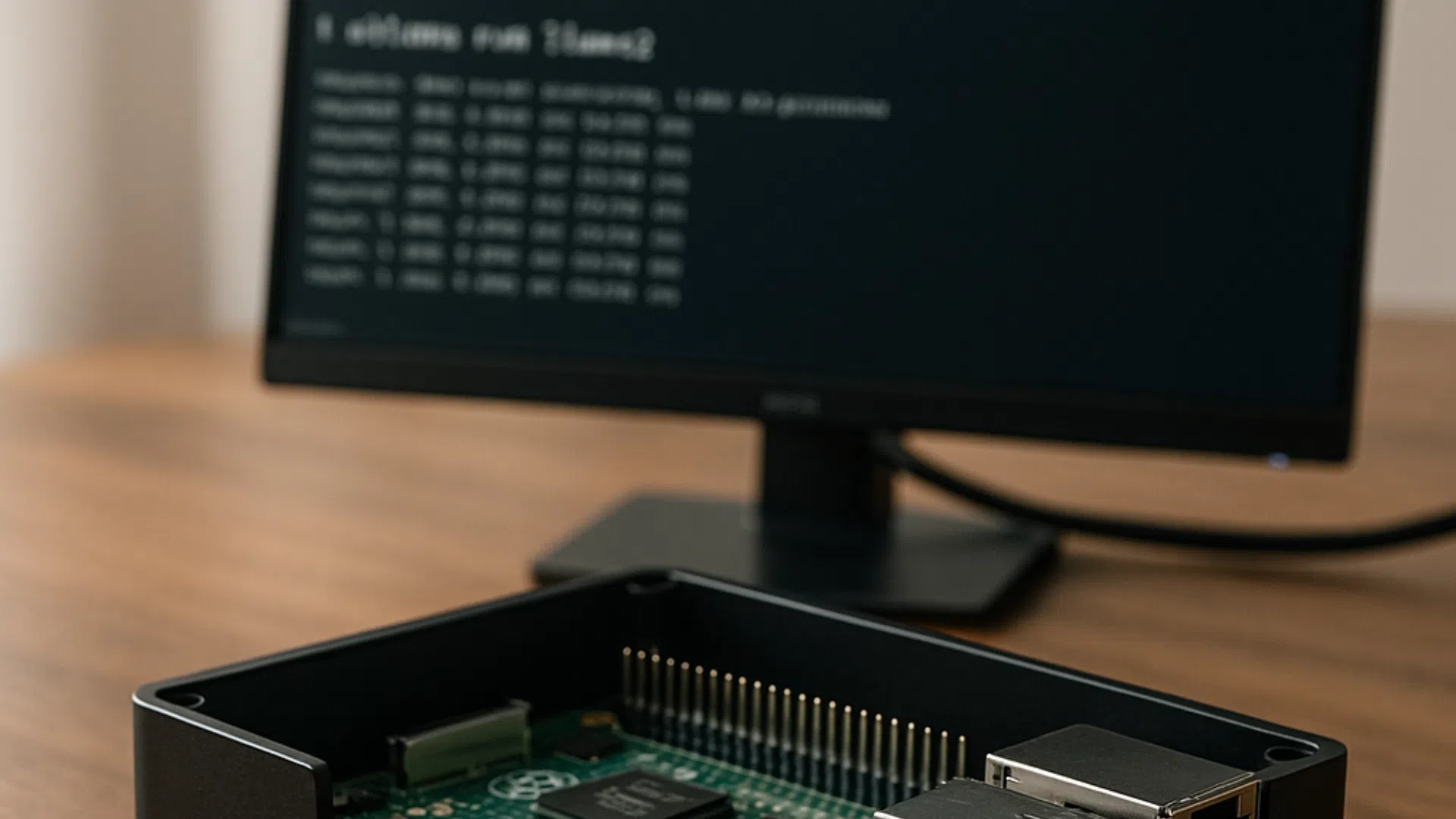 Boîtier Raspberry Pi ouvert avec carte visible, écran affichant un terminal en arrière-plan